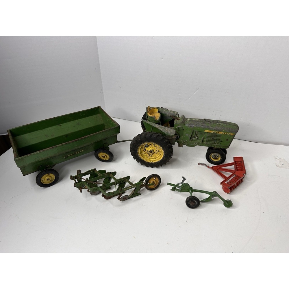 Vintage John Deere Metal Toy Tractor Farm Implement Lot Trailer Plow 1:16 Scale